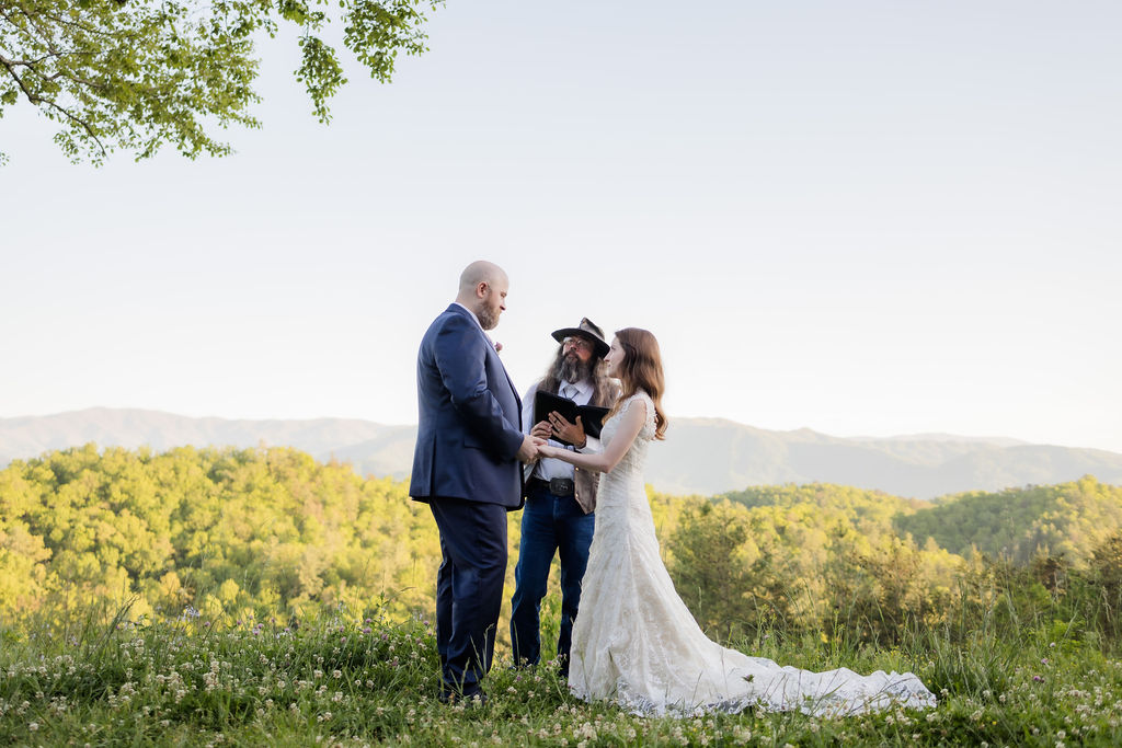 bride and groom holding hands and being married by their Gatlinburg Wedding Officiant at the Foothills Parkway