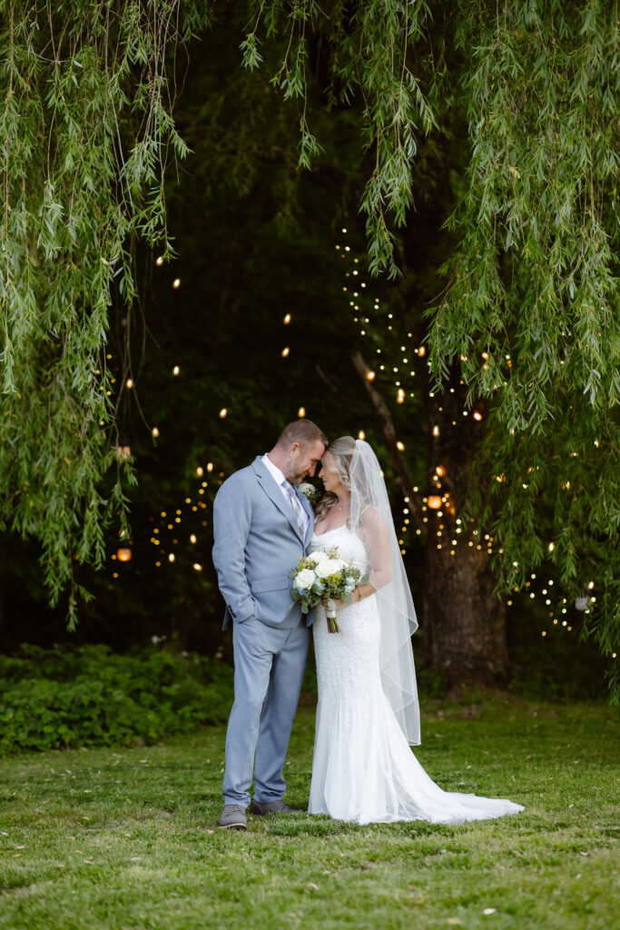 Bride and groom sharing a quiet moment beneath a willow tree with twinkling lights at Honeysuckle Hills, photographed by a smoky mountain elopement photographer.