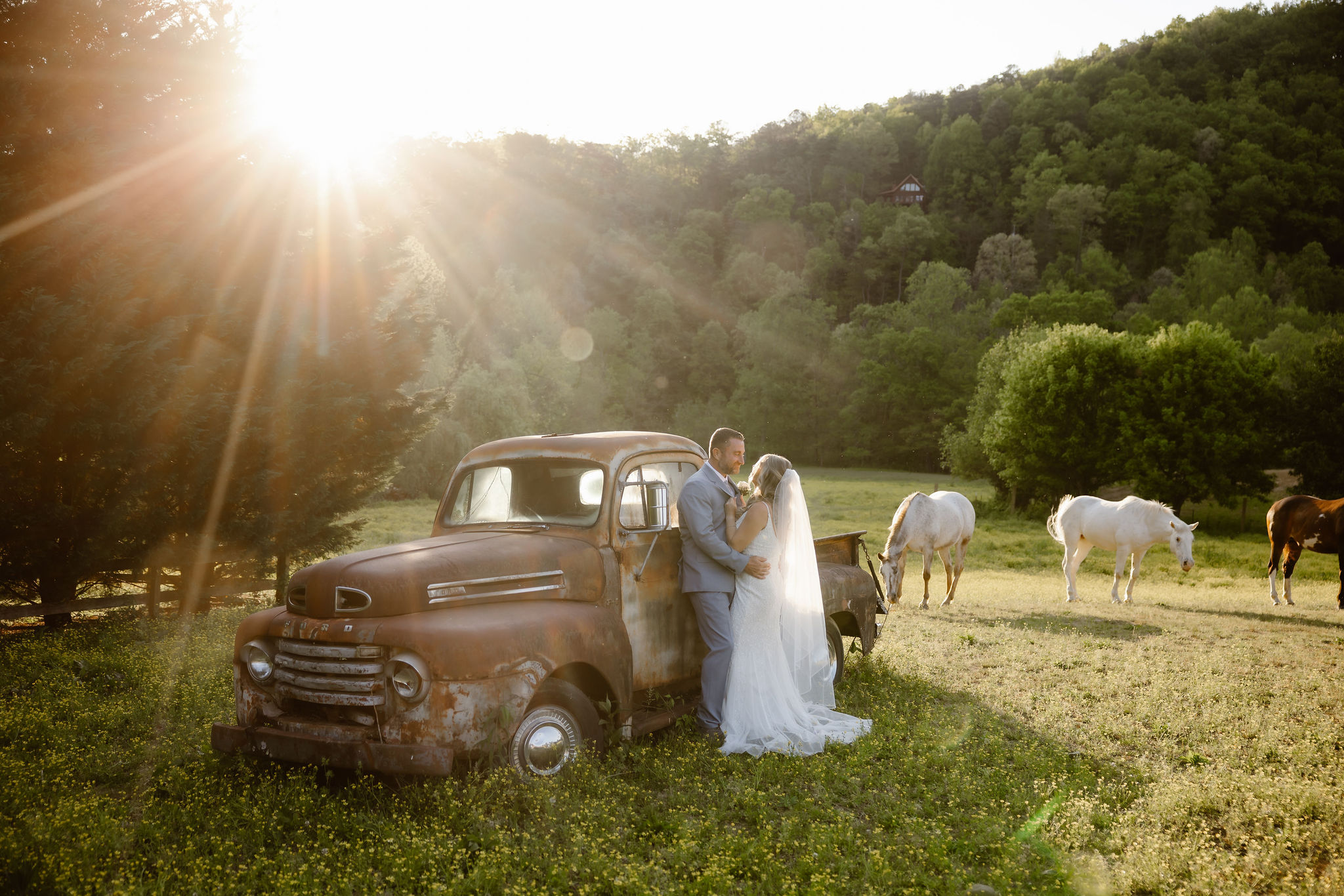 Bride and groom embracing beside a vintage truck as horses graze in the background at Honeysuckle Hills, a charming Gatlinburg wedding venue.