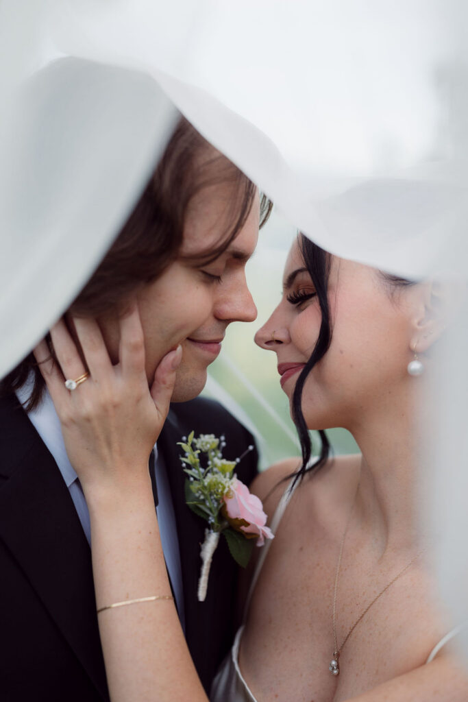 Close-up Foothills Parkway photos of a bride and groom beneath her veil during an intimate Gatlinburg elopement.