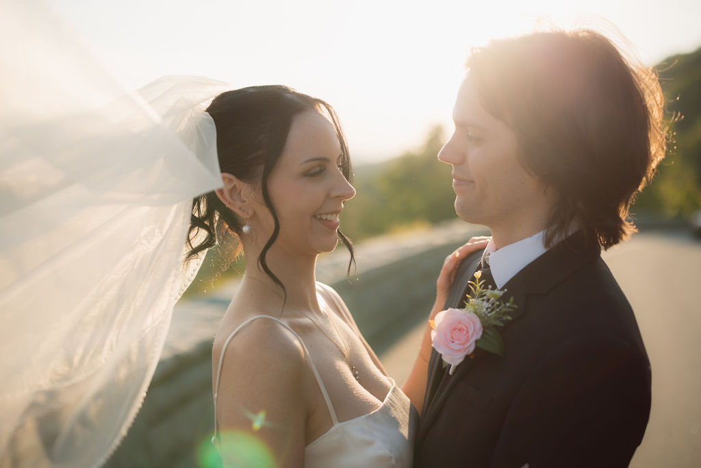 Golden-hour portrait of newlyweds embracing on Foothills Parkway, with the bride’s veil blowing in the light during their Foothills Parkway elopement.